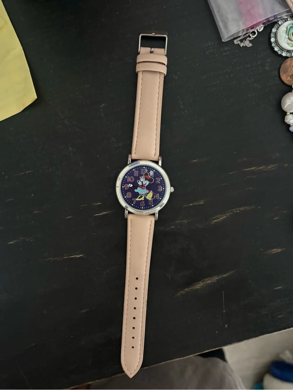 Pink Leather-Strap Minnie Mouse Analog Watch